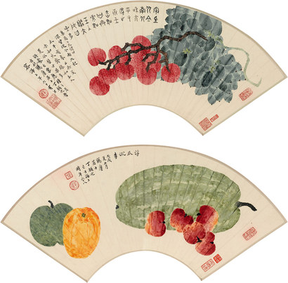 丁辅之 乙酉（1945年）、丙戌（1946年）作 果品图 镜心 （两幅）