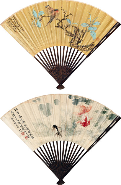 陆抑非 癸巳（1953年）作 花鸟 金鱼 成扇