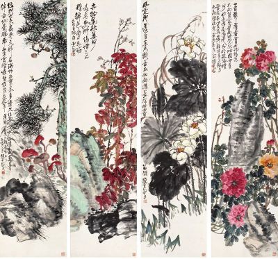赵云壑 丙寅（1926）年作 花卉四种 （四件） 屏轴