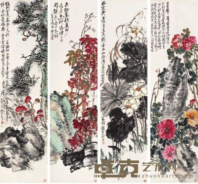 赵云壑 丙寅（1926）年作 花卉四种 （四件） 屏轴 181×46.5cm×4