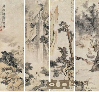 苏六朋 乙未（1859）年作 人物故事 （四件） 屏轴 130×34cm×4