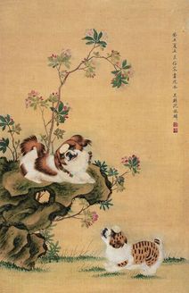 沈振麟 癸丑（1793）年作 桃花双犬 立轴