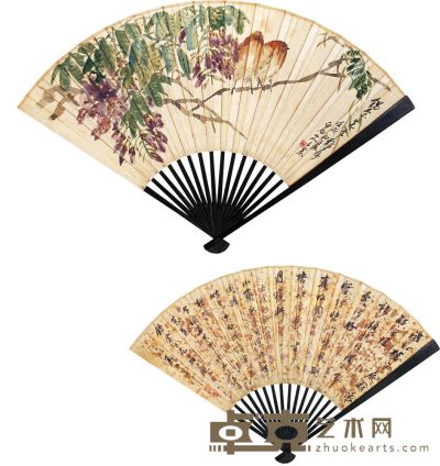 王震 裘昌年 壬戌（1922）年作 紫藤双雀 行书 成扇 19×51cm