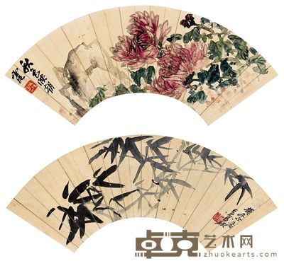 吴昌硕 墨竹图 秋意图 双挖立轴 12×39cm×2