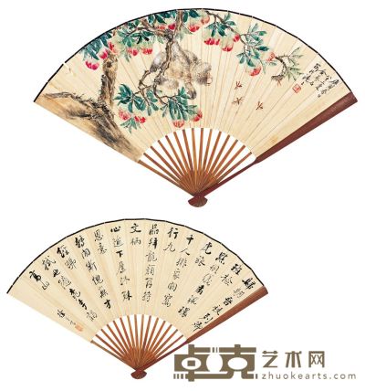 金梦石 庚寅（1890）年作 瑞寿图 成扇 18.5×51cm