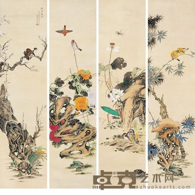 金章 壬寅(1902)年作 鸟语花香 (四件) 屏轴 130×32cm×4