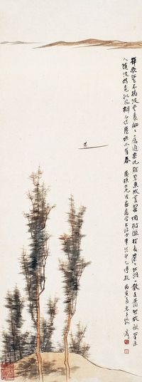 张大千 丙寅（1926）年作 泛舟江上 屏轴