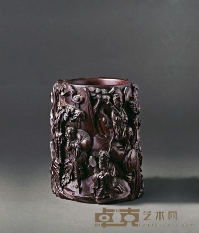 清 紫檀雕八仙故事笔筒 高18cm；直径10.3cm