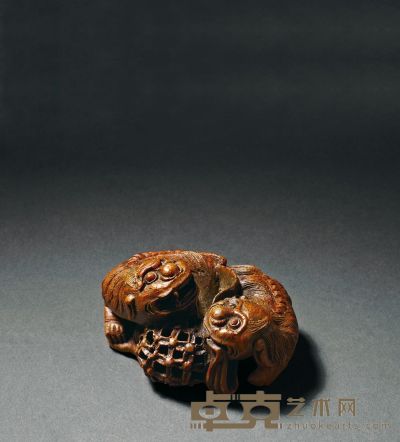 清 中期 竹雕太狮少狮摆件 长4.5cm