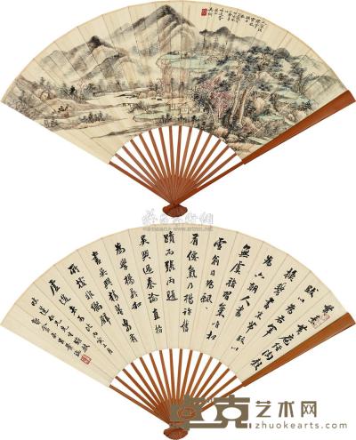 吴琴木 吕景端 1925年作 山水 书法 成扇 19×51cm