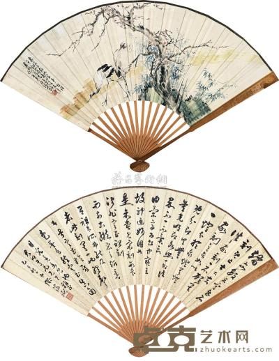 房少臣 缪海岳 1929、1935年作 梅鹤图 书法 成扇 18×50cm