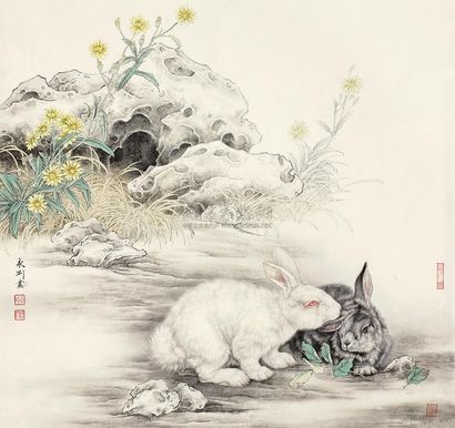 王永刚 双兔 镜心