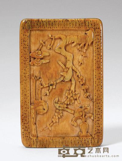 明晚期 象牙减地阳文雕喜上眉梢图牌 长6.6×宽4.3cm