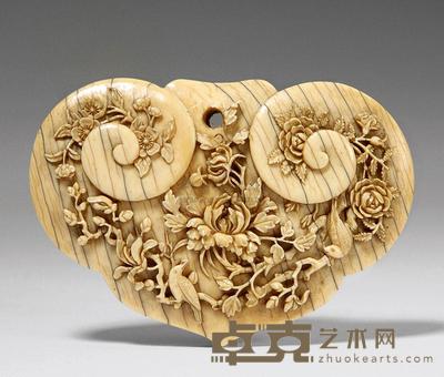 清乾隆 象牙高浮雕福贵双喜图如意头 宽7.4cm