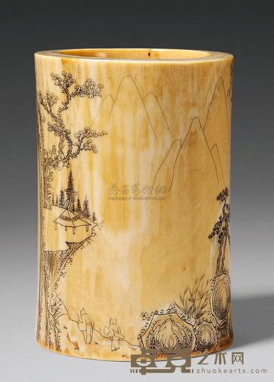 清中期 象牙浅刻携琴访友图笔筒 高8.9cm