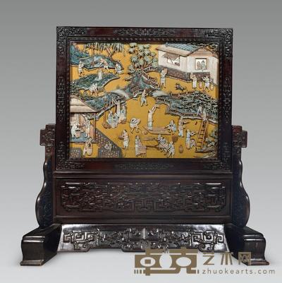 清中期 紫檀边座骨雕茜色耕织图插屏 长110.5×宽42×高108cm