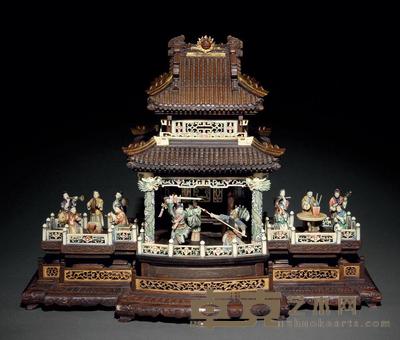 清晚期 象牙茜色雕戏曲人物木制戏台 长48×宽28×高37cm