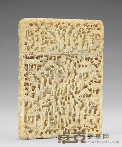 清晚期 象牙整挖高浮雕亭台人物图大名片盒 长13.6×宽10cm