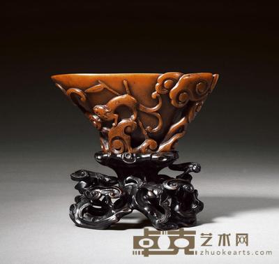 明晚期 犀角透雕螭龙纹灵芝形杯 长16.5cm