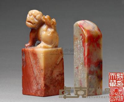 1932年5月 1932年6月 傅抱石为熊式辉刻寿山石双狮钮印“怀佳人兮不能忘” 傅抱石刻熊式辉自用鸡血石随形印“熊天翼印” 长2.4×宽2.4×高6.8cm；长1.7×宽1.6×高6.1cm