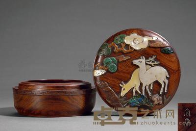 清早期 黄花梨木百宝嵌双鹿图香盒 直径9.2cm