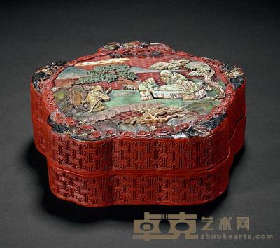 清乾隆 御制剔红嵌牙雕商山四皓图梅花式盒 宽16.5cm