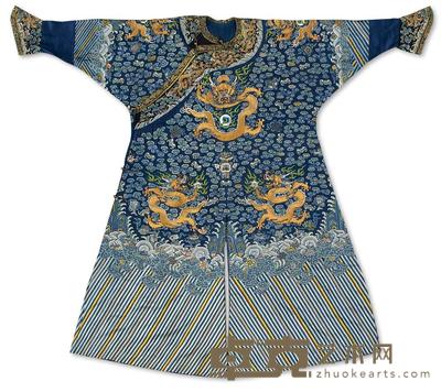 清晚期 蓝地纳纱盘金龙纹吉服袍 身长140cm；袖长169cm