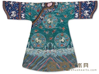 清道光 绿素缎绣团鹤八宝纹宫廷吉服袍 身长137cm；袖长188cm