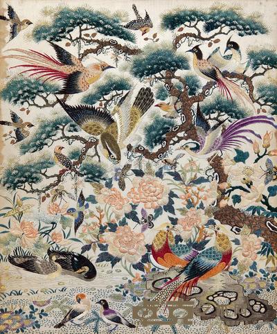 清晚期 粤绣百鸟图镜心 长42.3×宽35.6cm