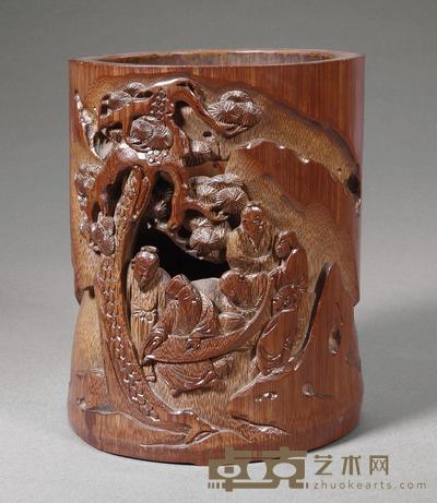 清早期 竹雕东坡阅卷图笔筒 高14.5cm