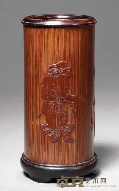 清康熙 竹雕薄地阳文蛮夷滚马图笔筒 高12.3cm