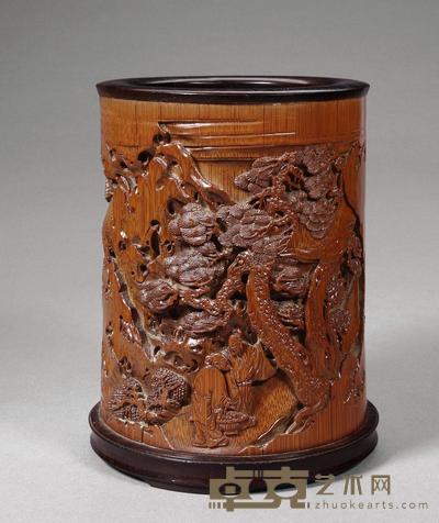 清乾隆 竹雕刘阮入天台图笔筒 高15.5cm