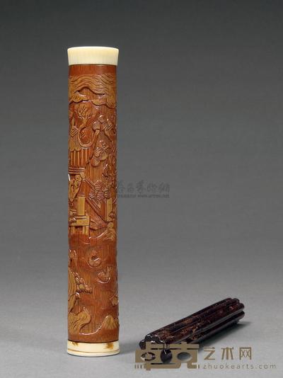 清中期 竹刻留青爱鹅图随身香筒 高10.4cm