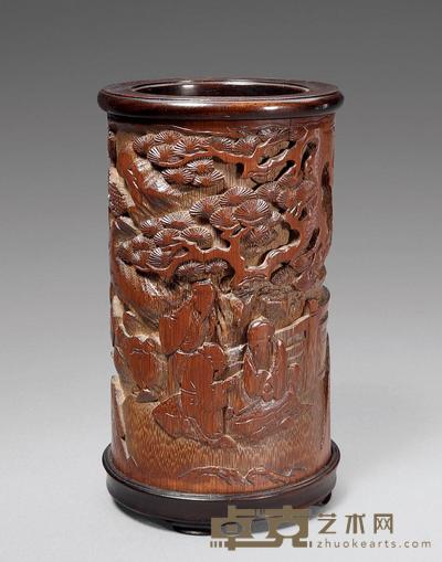 清中期 竹雕弈棋图笔筒 高12.2cm