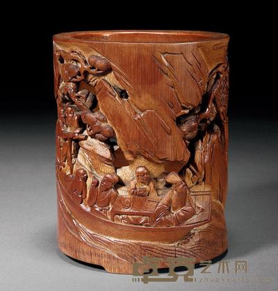 明末清初 竹雕赤壁夜游图笔筒 高14.6cm