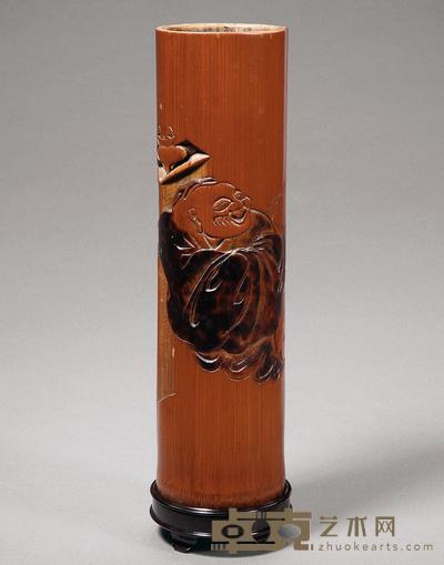 清晚期 竹雕烫饰巧刻高士图香筒 高21.3cm