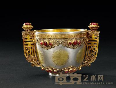 清光绪 御用银鎏金镶宝石寿字纹寿耳杯 通耳长15cm