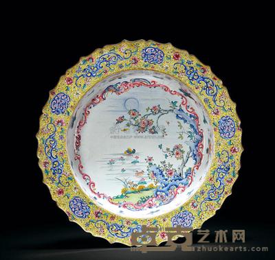 清乾隆 铜胎画珐琅鸳鸯图葵口折沿大盆 直径45cm
