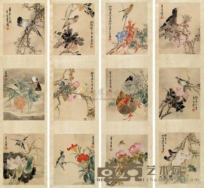 朱偁 花鸟 四屏三挖 32.5×26cm