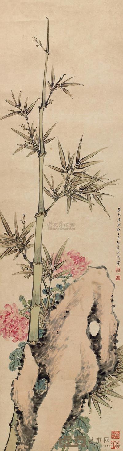 赵之琛 1830年作 修竹牡丹 立轴 146×40cm