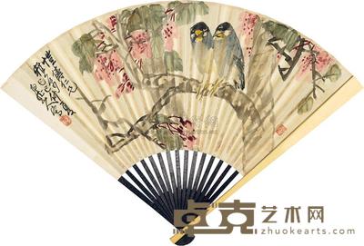 王震 1929年作 桃花双禽 成扇 17.6×43cm