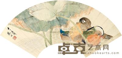 江寒汀 1942年作 荷花鸳鸯 扇面镜心 18.7×52cm