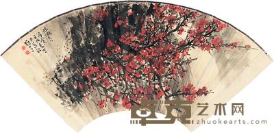 黎雄才 1982年作 红梅烂漫 扇面镜心 18.6×50cm