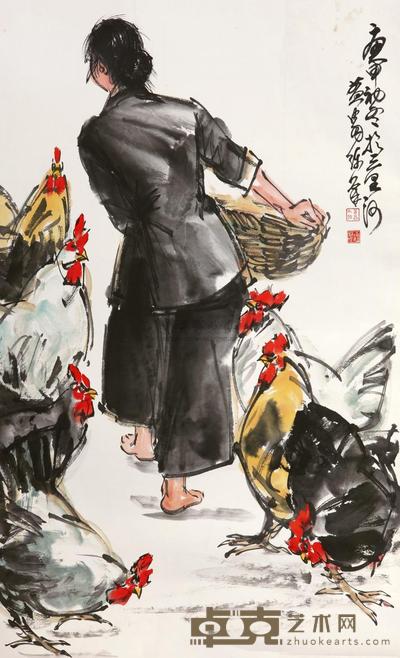 黄胄 1980年作 饲鸡图 镜心 96.5×59.5cm
