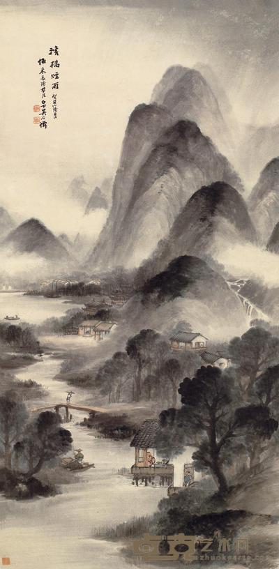 吴石僊 1913年作 溪桥烟雨 立轴 111×54.5cm