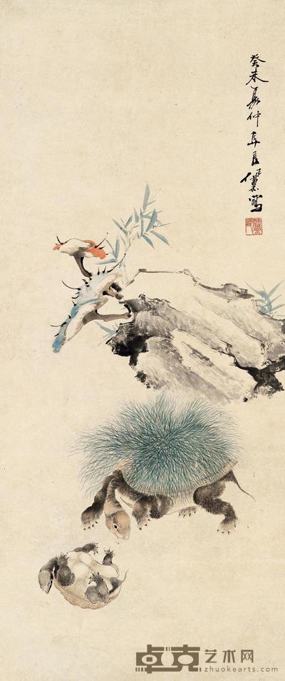 任薰 1883年作 灵芝长寿 立轴 71×30.5cm