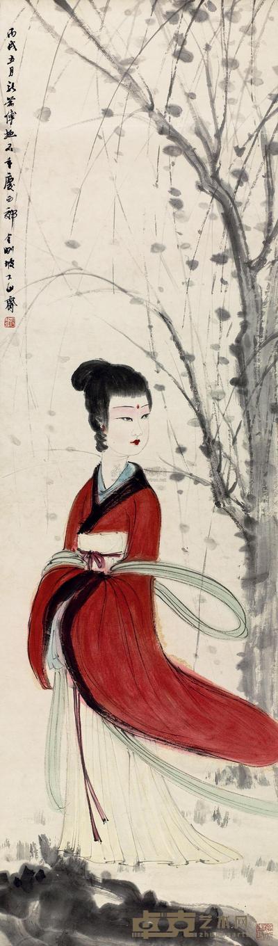 傅抱石 1946年作 红衣仕女 立轴 135×40cm