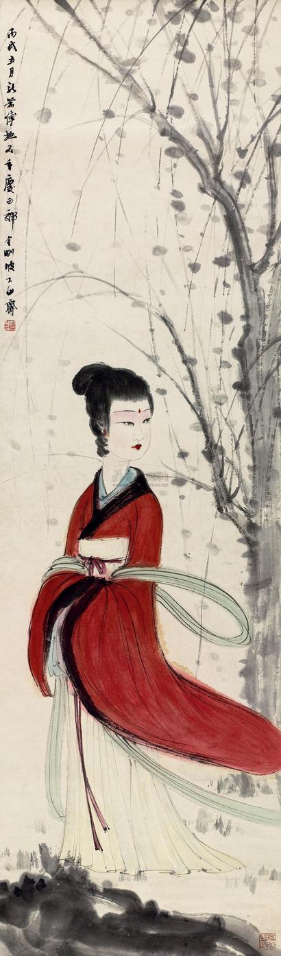 傅抱石 1946年作 红衣仕女 立轴