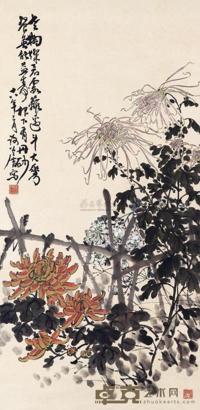 谢公展 1929年作 秋菊烂漫 立轴 102×50.5cm