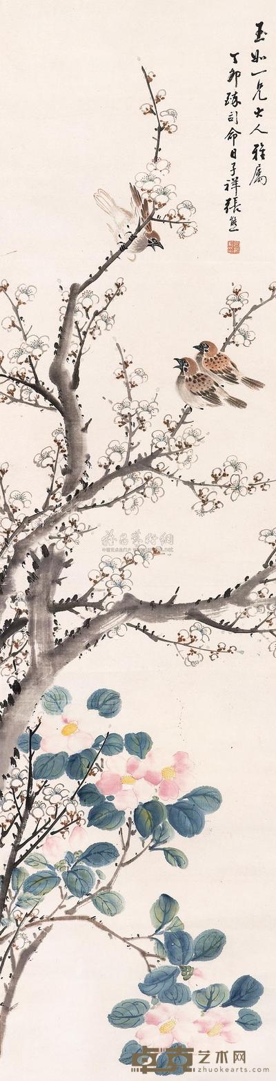 张熊 1927年作 花枝闹雀 立轴 121×30.5cm